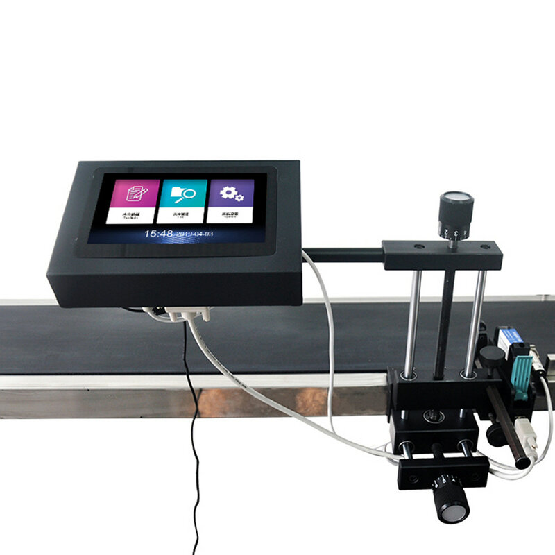 Impresora de inyección de tinta en línea para logotipo, texto, código Qr, máquina de impresión de número de código de barras con soporte con transportador, la más nueva