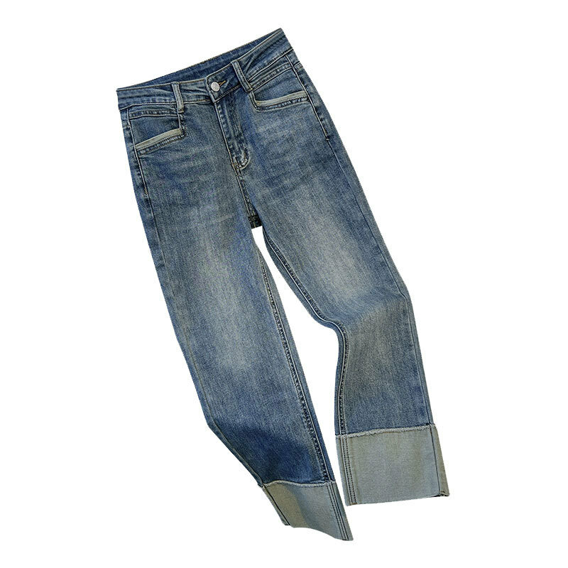2024 Frühling Herbst Damen Jeans hohe Taille Slim Fit Flipped Panel elastische 9-Punkt-Pfeifenhose weibliche Jeans gerade Hose