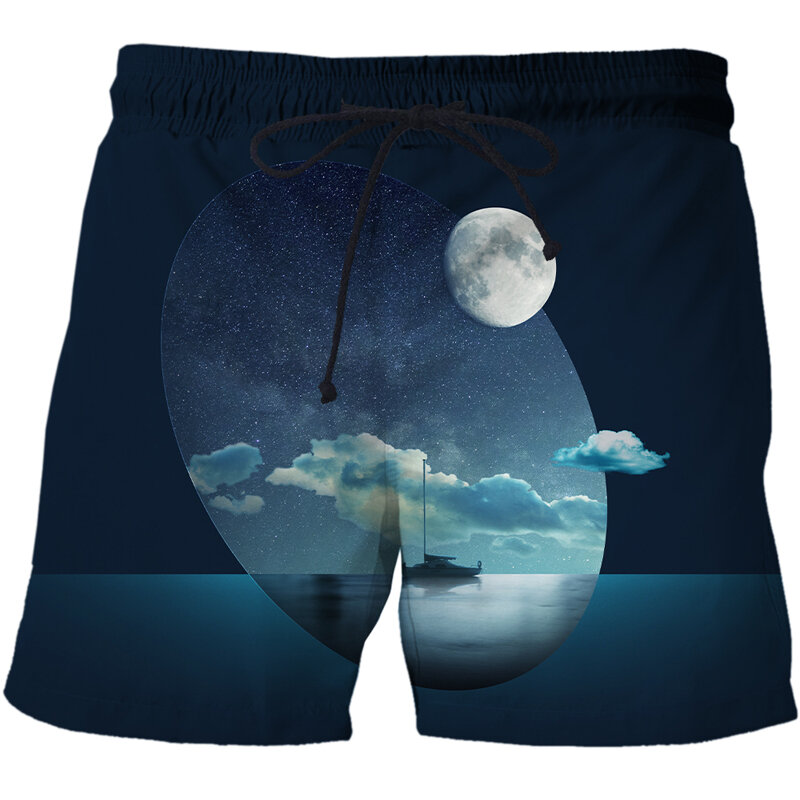 Calça de praia masculina com padrão 3D céu noturno, frigideira confortável, maiô personalizado à beira-mar, moda europeia e americana