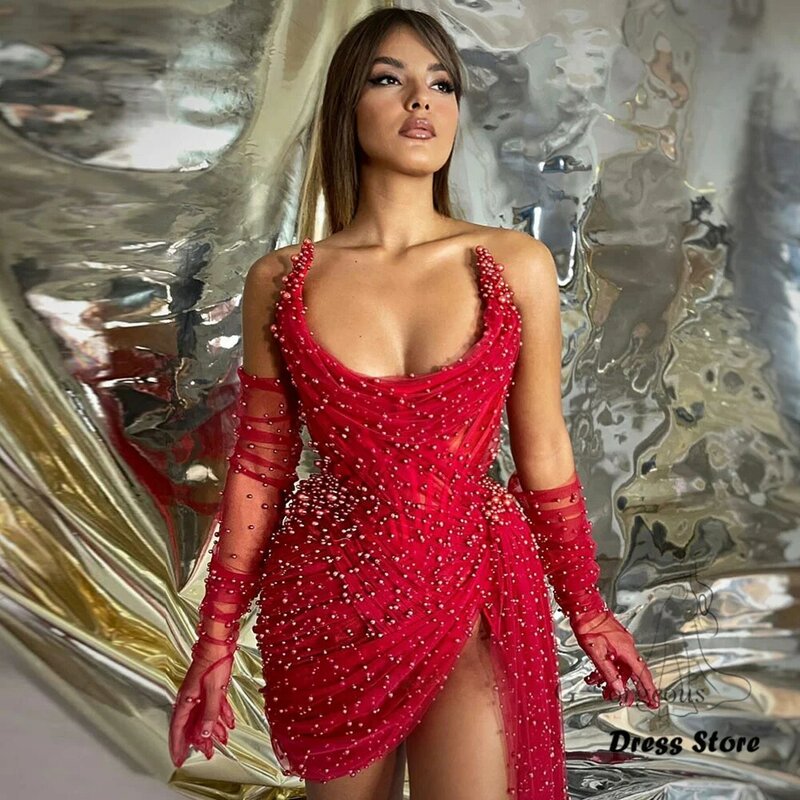 Коктейльные платья бордового цвета с высоким Боковым Разрезом, сексуальное мини-платье для вечевечерние для женщин, 2022 Тюлевое платье на молнии с жемчужинами, бальное платье для вечеринки