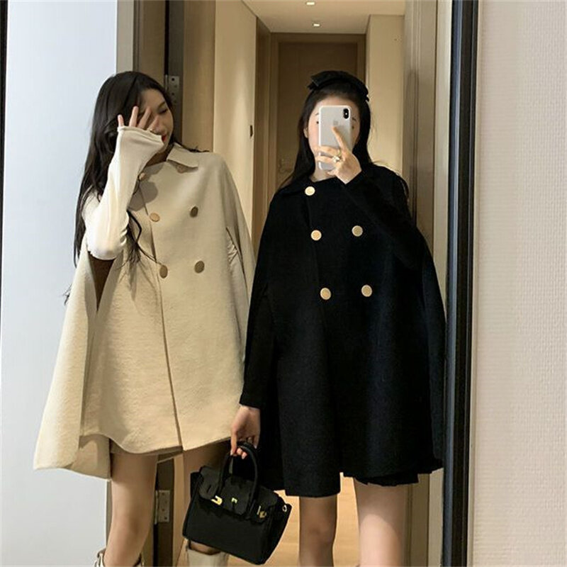 Fashion Woolen Poncho Coats for Women Autumn Winter Solid Cape Cloak Coat Loose Overcoat Female Double Breasted Lapel Jackets