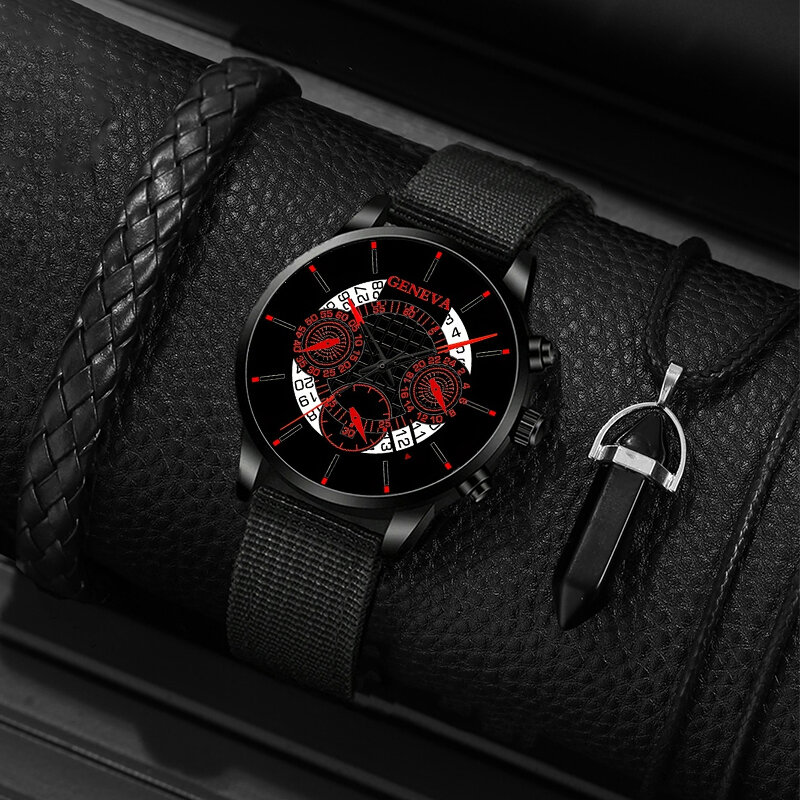 3PCS Set Fashion Mens Calendar Watches Men Business Casual Hand Rope Necklace Black Nylon Strap Quartz Watch Relogio Masculino