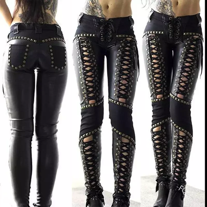 Women Pants Punk Rock Imitation Leather Pencil Pants New Sexy Hollow Out Bandage Leggings Streetwear Women's Pants