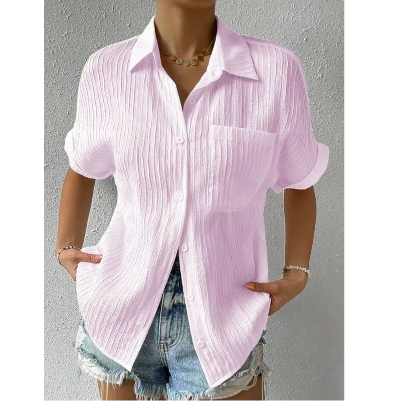 Женская винтажная блузка с коротким рукавом, Повседневная Однотонная рубашка с карманами в стиле Харадзюку, офисная блузка, лето 2023