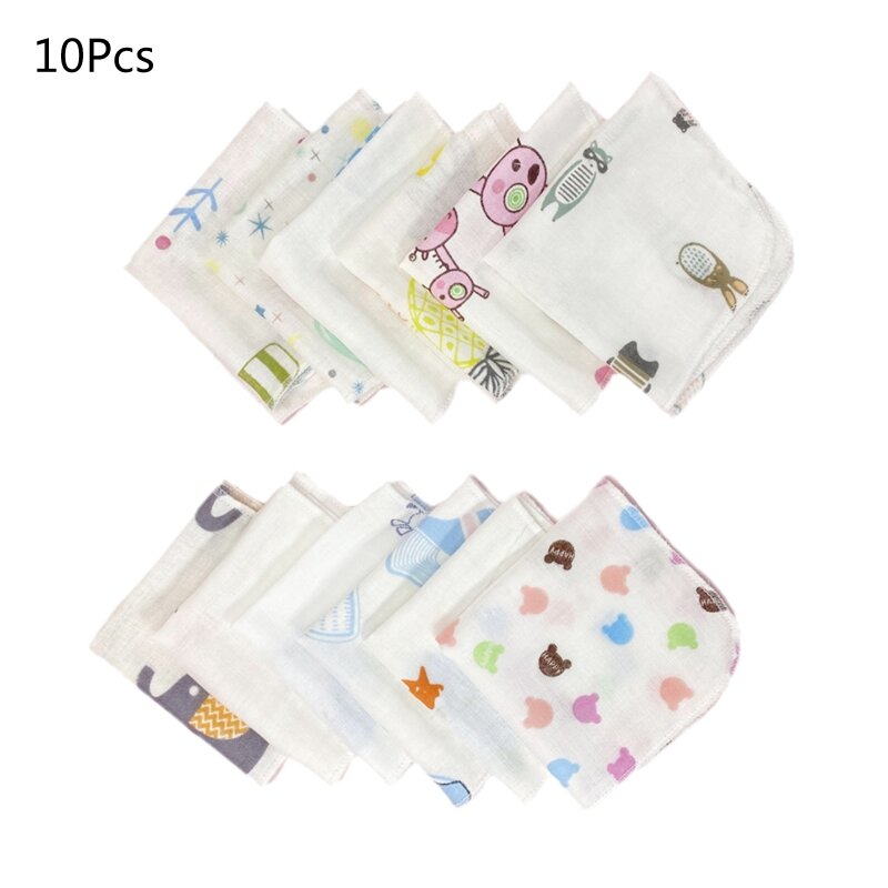 10 шт., детские мочалки, набор с милым мультяшным принтом, двухслойное марлевое полотенце для лица, многоразовые салфетки, ткань