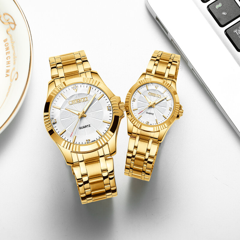 CHENXI 브랜드 클래식 섬세한 라인스톤 커플 연인 시계, 패션 럭셔리 골드 스테인레스 스틸, 남성 및 여성 시계, Orologi 코피아
