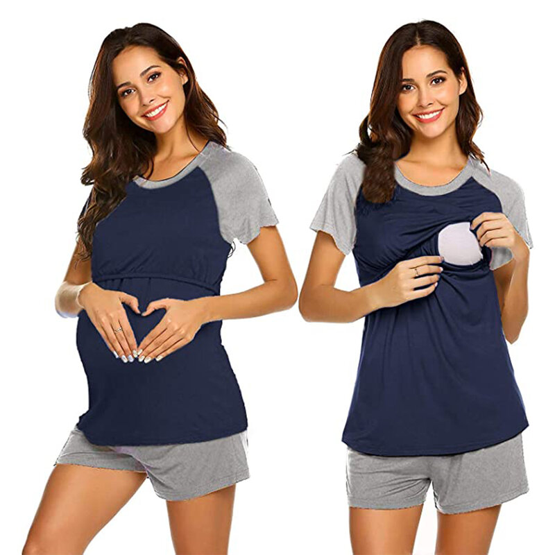 Maglietta delle donne incinte maternità estate manica corta bottone laterale girocollo Tees tinta unita allattamento top per l'allattamento al seno nuovo