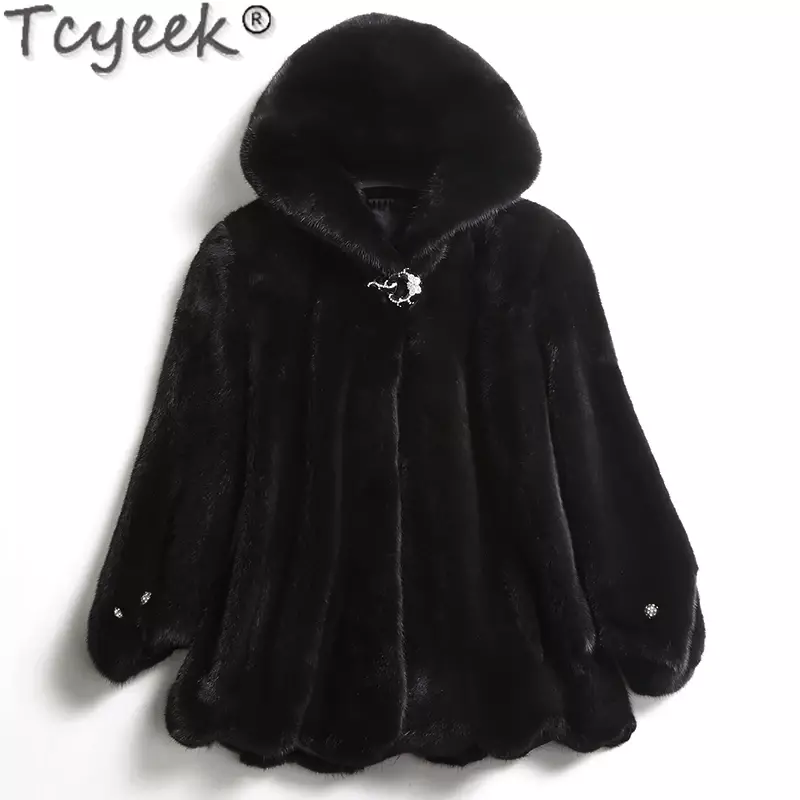 Tcyeek-سترة الفراء الحقيقي للنساء ، المستوردة معطف المنك كله ، الإناث المعاطف مقنعين الأسود ، الشتاء