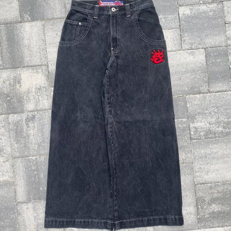 Streetwear 2024 Jeans Y2K spodnie męskie Harajuku Hip Hop lew taniec wzór haftowany luźne jeansy czarne spodnie szerokie nogawki spodnie