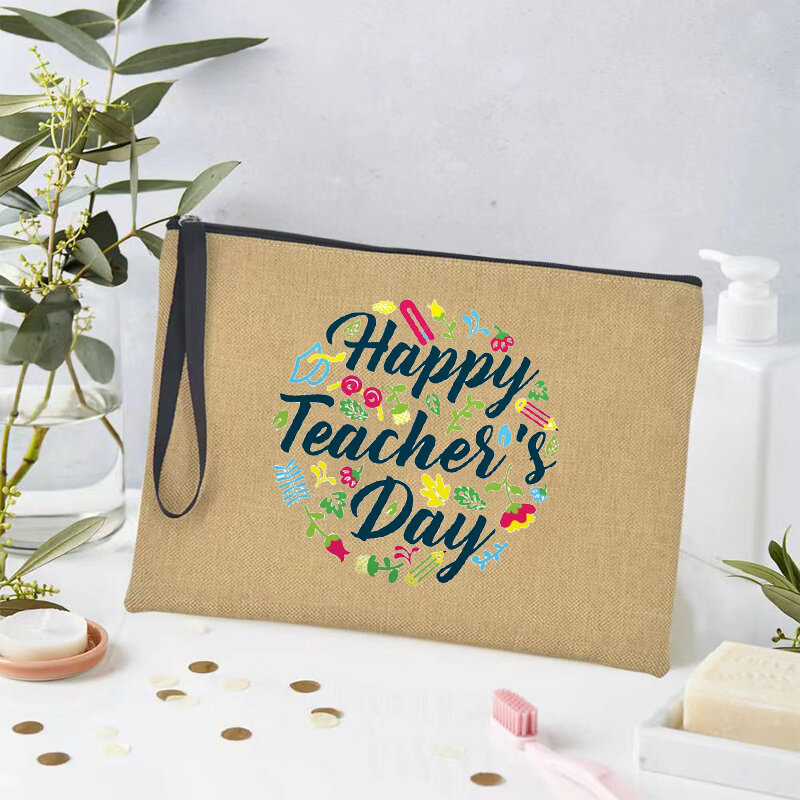 Happy Teacher's Day Gift Makeup Bag Women Linen Pencil Case Gift for Graduation Retirement Teachers Portable Organizer Pouch Bag