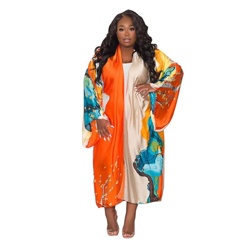Kimono Robes Long Cardigans for Women Boho Floral Patterned Silky Open Front Swimwear Cover-Up