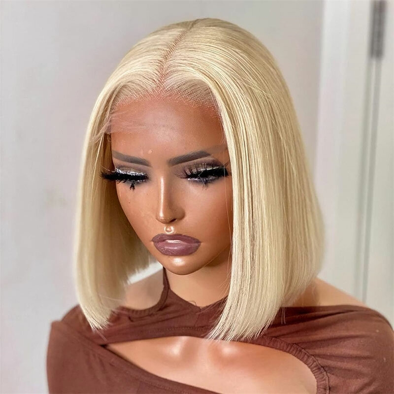 Honey Blonde #613 Synthetic 13X4 Lace Front Wigs Short Straight Bob Glueless Heat Resistant Fiber Hair Middle Parting For Women