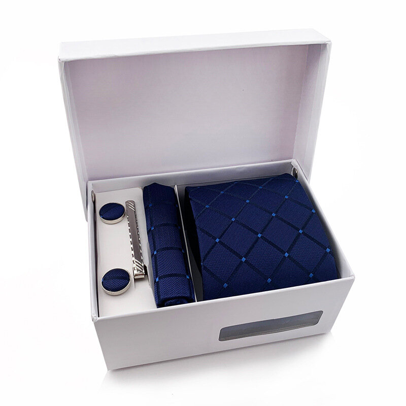 2023 neue 6 stücke Set Geschenk box für Männer klassische karierte Polyester Krawatte Tasche quadratische Clip Manschetten knöpfe Taschentuch Großhandel