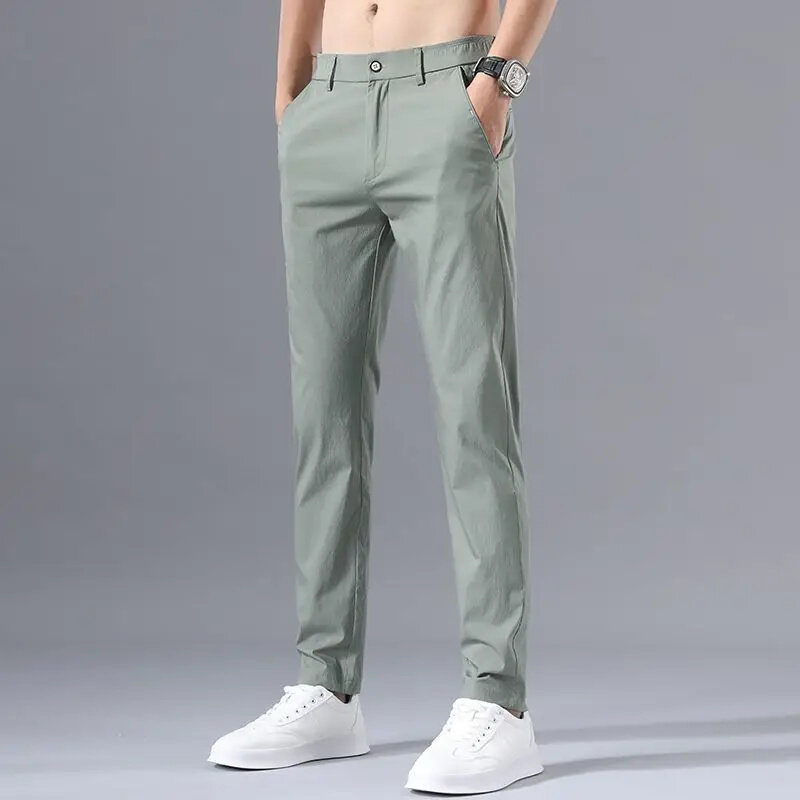 Letnie cienkie, modne casualowe męskie spodnie z kieszeniami 2024 biuro biznesowe modne prosty zamek błyskawiczny spodnie w kratę odzież męska