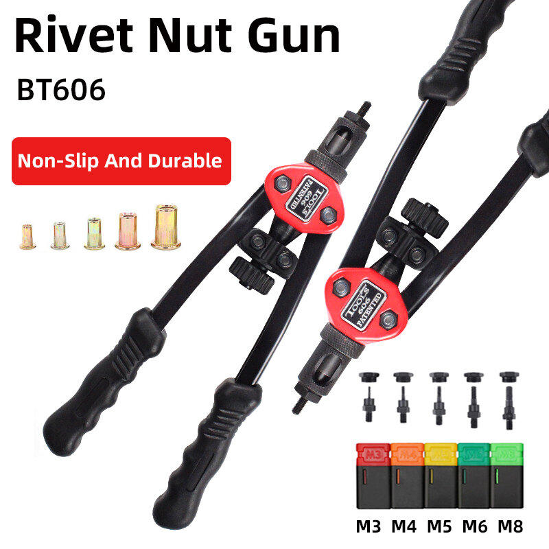 Mão roscada Rivet Nut Gun BT-606 Manual Riveter Ferramenta Double Handle M3 M4 M5 M6 M8 200pcs Flat Head Rosca Rebite Nuts