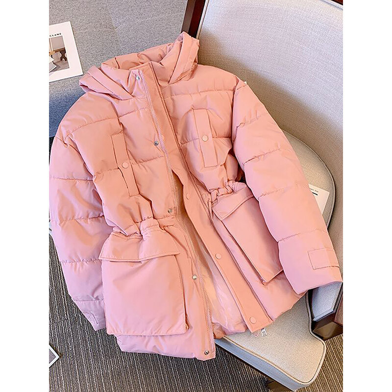 Jaket wanita empuk katun tebal, mantel berkerudung saku besar Pink polos, tali pinggang longgar mode Musim Dingin 2023