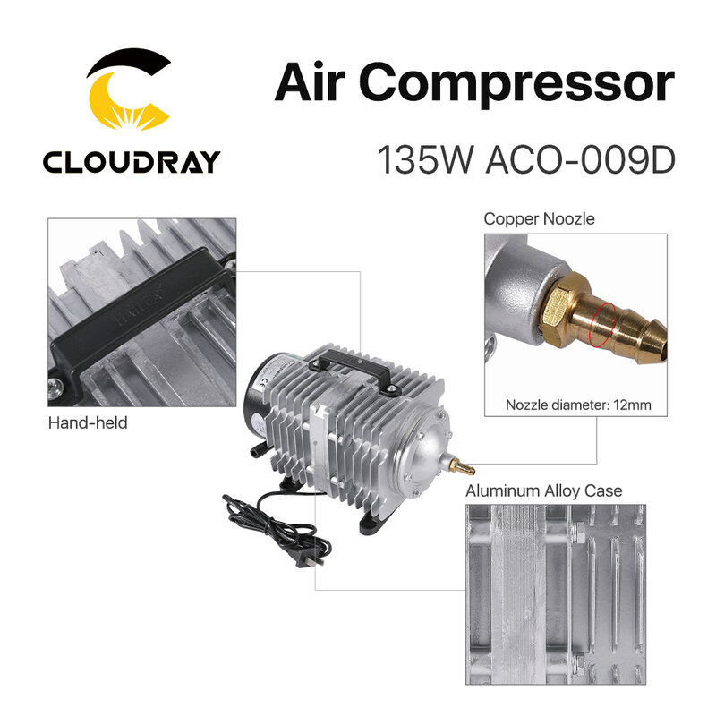 Cloudray 전기 마그네틱 공기 펌프, CO2 레이저 조각 절단기 ACO-009D, 135W 공기 압축기