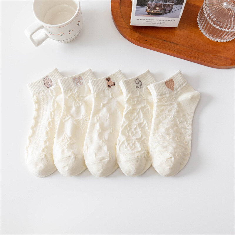 Calcetines de algodón con estampado de oso para mujer, medias coreanas huecas, de dibujos animados japoneses, para primavera y verano, 5 pares