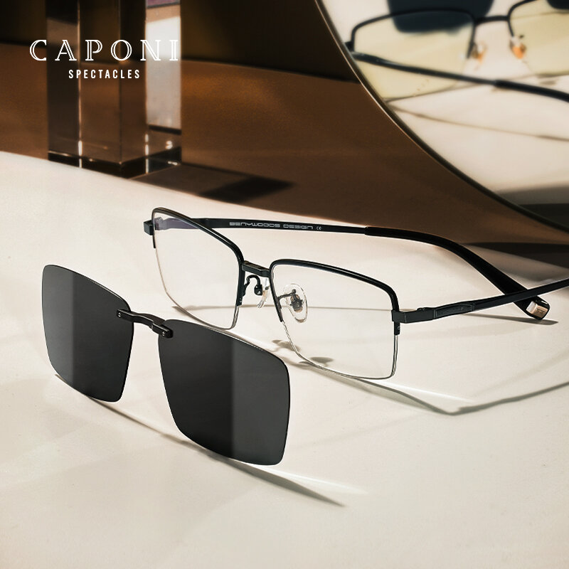 CAPONI -마그네틱 클립 안경 블루 라이트 차단 순수 티타늄 광학 안경 남성용, UV400 편광 클립 안경 CP21029 보호