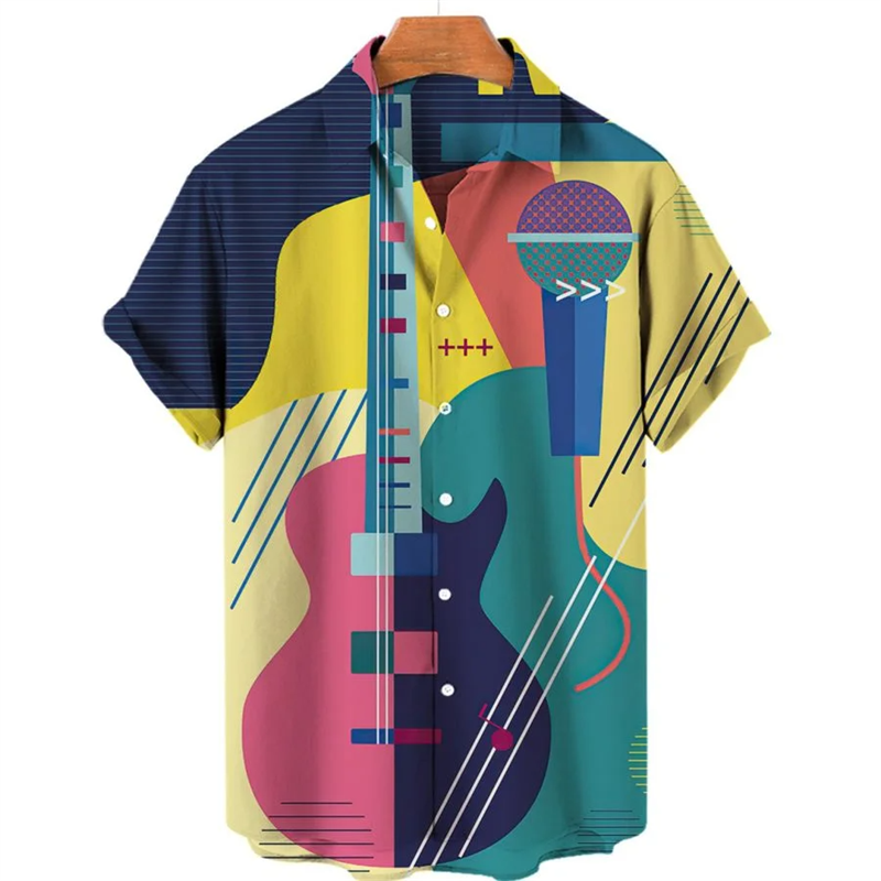 Shirts For Men Hawaiian Music Note Pattern Fashion Print Summer Harajuku Blouses Short Sleeves Hawaii Beach Tops Tees Clothes