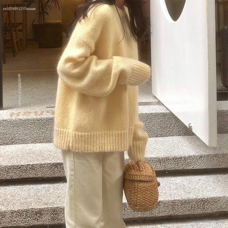 Новинка Осень-зима 2023, Свободный вязаный пуловер, желтый свитер, Женский однотонный топ с круглым вырезом, зимняя одежда для женщин