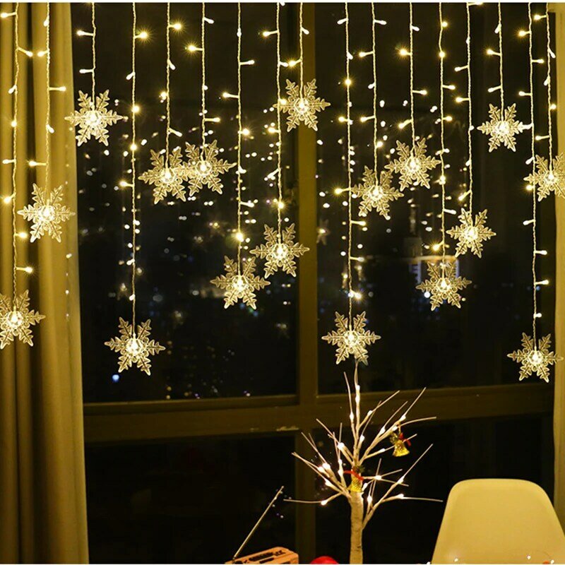 Tira de luces LED de copos de nieve para Navidad, cortina de luces intermitentes, impermeables, para decoración de fiestas, bodas y vacaciones, 3,2 M