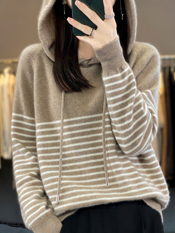 Women's Hoodies 100% Merino Wool Sweater Striped Long Sleeve Casual Loose Pullover Cashmere Knitwears Korean Fashion New Knit