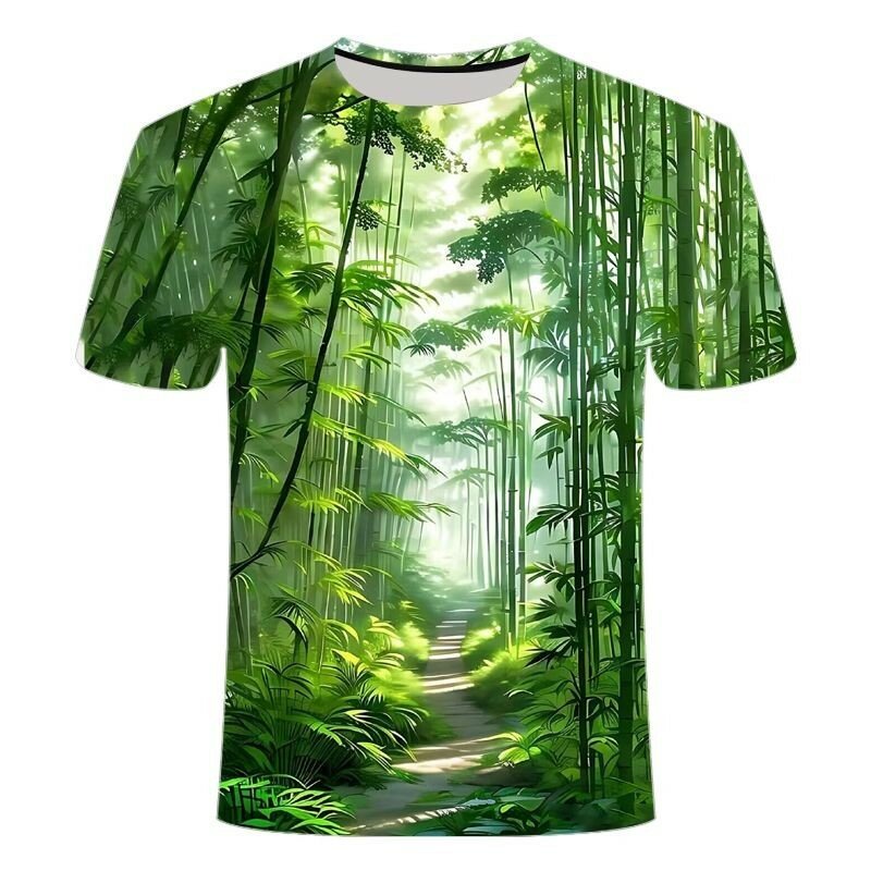 Fashionable Summer New Men's Printed T-shirt Fresh Bamboo Pattern Casual Round Neck Short Sleeve Plus Size Comfortable Top