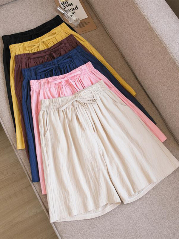 2023 Women Cotton shorts Summer Casual Solid Two Pockets shorts high waist loose shorts for girls Soft Cool female shorts