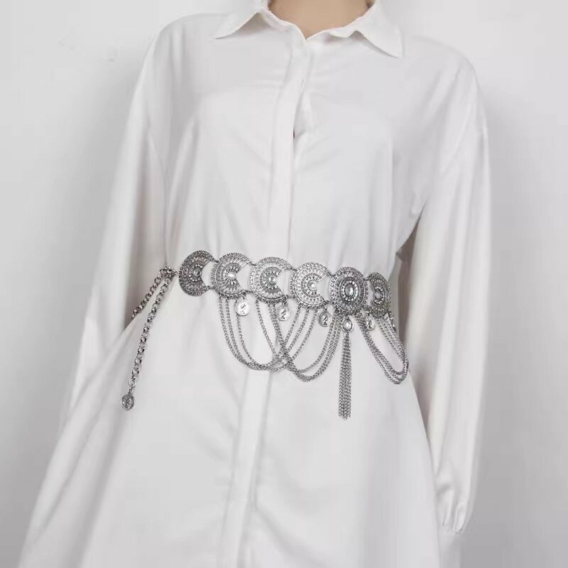 Moda damska metalowy łańcuszek frędzle pasy damska sukienka gorsety paski ozdobne szeroki pas R2407