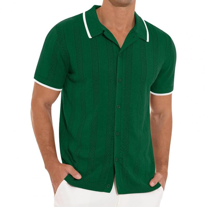 Chemise d'été évidée pour hommes avec col rabattu, chemise cardigan vintage, manches courtes, vêtements