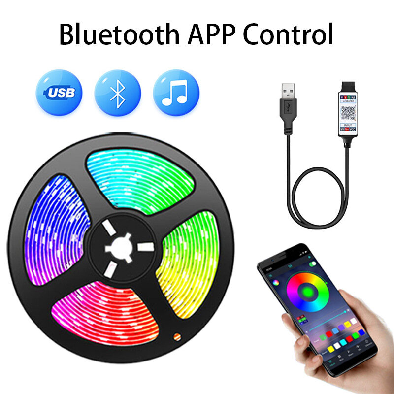 RGB 5050 LED 스트립 조명, 블루투스 앱 제어, 5V USB LED 테이프, 유연한 리본 다이오드 테이프, TV 백라이트 방 홈 데코