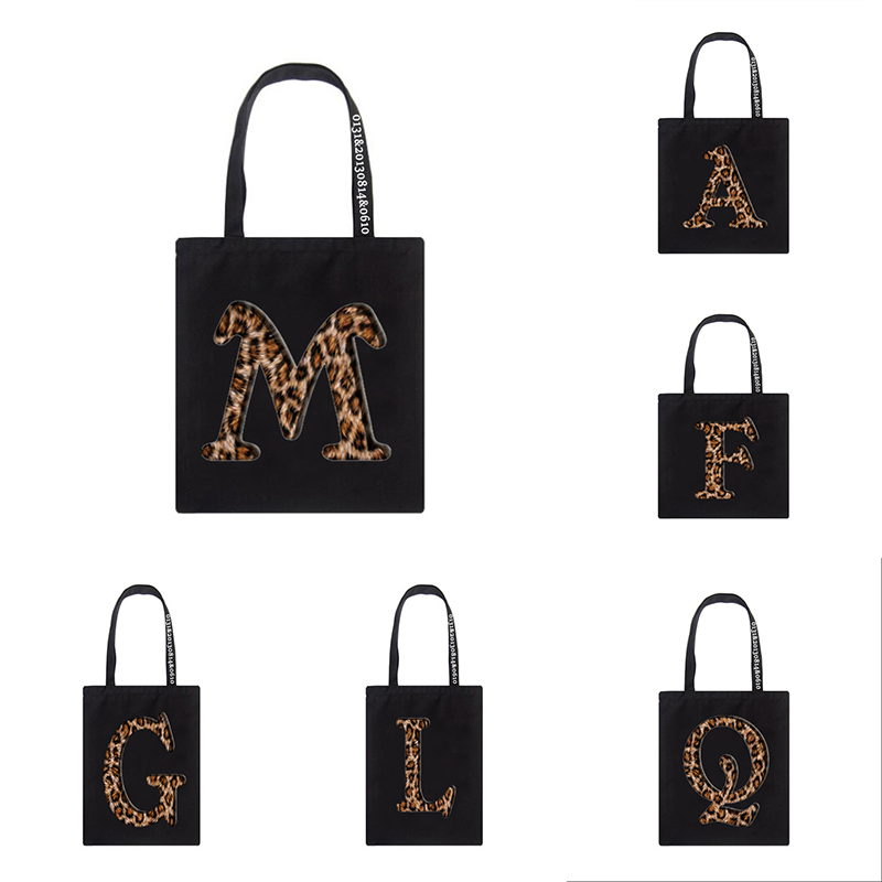 Сумка холщовая женская с леопардовыми буквами, саквояж на плечо черного цвета, вместительная сумочка для покупок с алфавитом, A B C D