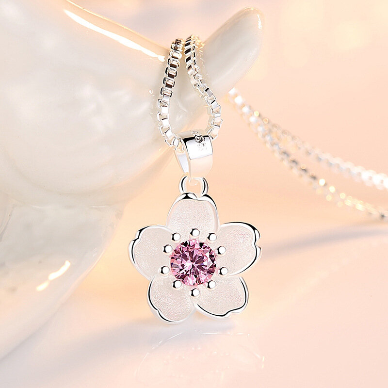Женское ожерелье из серебра 925 пробы, с розовым и фиолетовым цветком персика