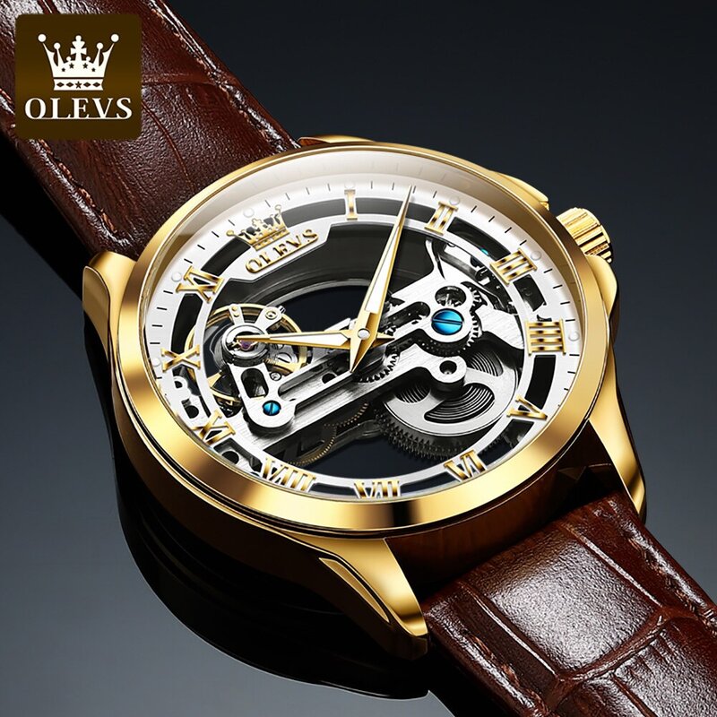 OLEVS-Reloj de pulsera mecánico automático para Hombre, cronógrafo de lujo con correa de cuero, resistente al agua, diseño de esqueleto