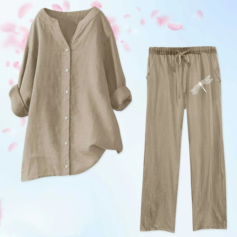 Damskie 2-częściowe stroje bluzka z szerokimi nogawkami kieszenie elastyczne spodnie Casual V dekolt koszula spodnie modne damskie klubowe spodnie