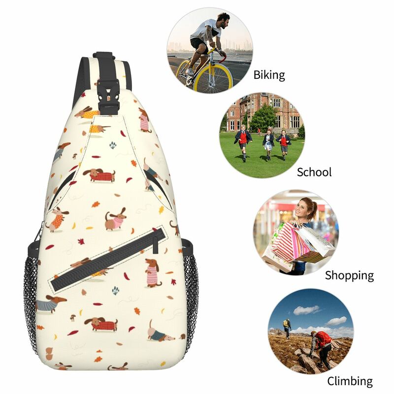 Cute Dachshunds Puppy Small Sling Bag Chest Crossbody Shoulder Backpack Outdoor Sports Daypacks Dog Printed Bookbag