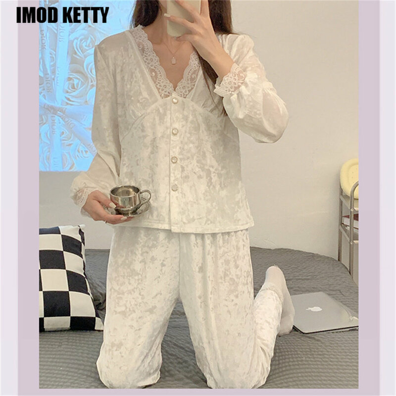 Winter Lässige Mode Homewear Rüschen Verdickung Thermische Nachtwäsche Süße Mädchen Harajuku Patchwork Flanell Pyjama Sets Frauen