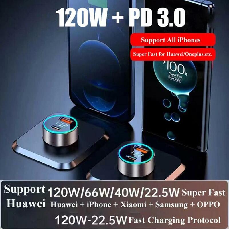 Adaptor pengisi daya mobil PD 20W, adaptor pengisian daya Super cepat, Tipe C USB 120W portabel untuk IPhone 14 Pro Max 13 12 11 IPad Airpods OnePlus