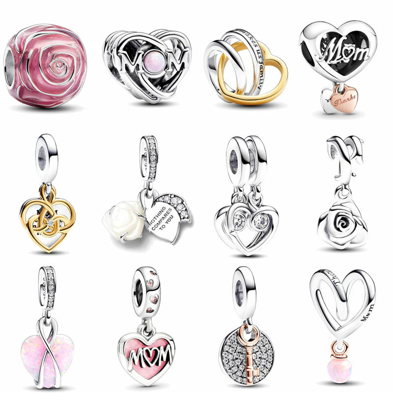 Charme de Prata 925 Dangle para mulheres, rosa rosa em flor, grânulo branco, se adapta à pulseira Pandora original, DIY, joias, novo, 2024