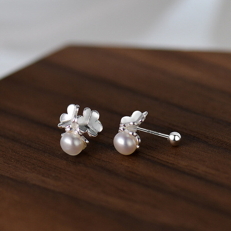 100% 925 perła z polerowanego srebra kwiatowy kolczyk dla kobiet dziewczynka prosty szczęśliwy geometryczny wzór biżuteria prezent urodzinowy Dropshipping