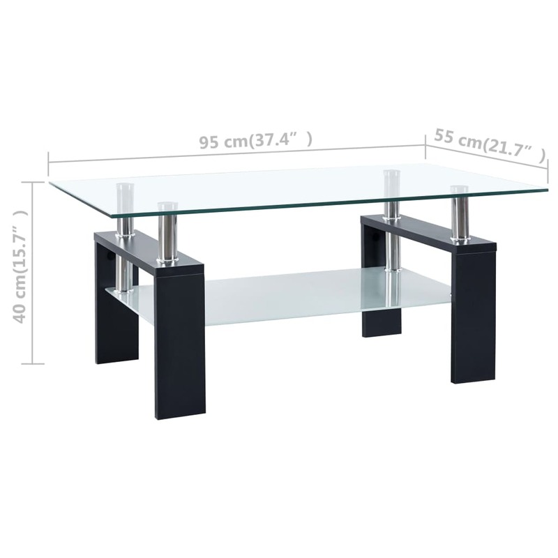 Mesa de centro de vidrio templado, mueble de salón, color negro y transparente, 95x55x40 cm