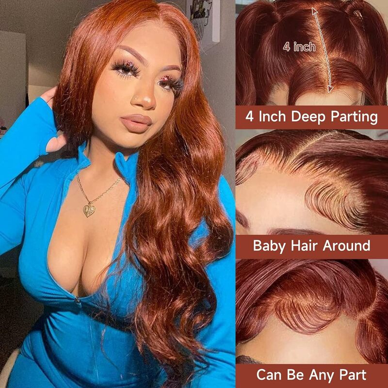 Reddish Brown Lace Front Wig Human Hair Body Wave Wigs Human Hair Water Wave 13x4 HD Transparent Human Hair Wig with Baby Hair