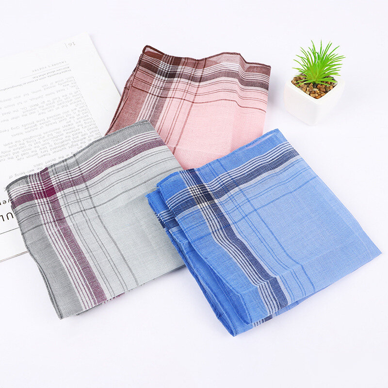 12pcs Simple Polyester Cotton Light Colored Handkerchiefs Checkered Square Edge Handkerchief For Men Elderly Soft Suit Pocket