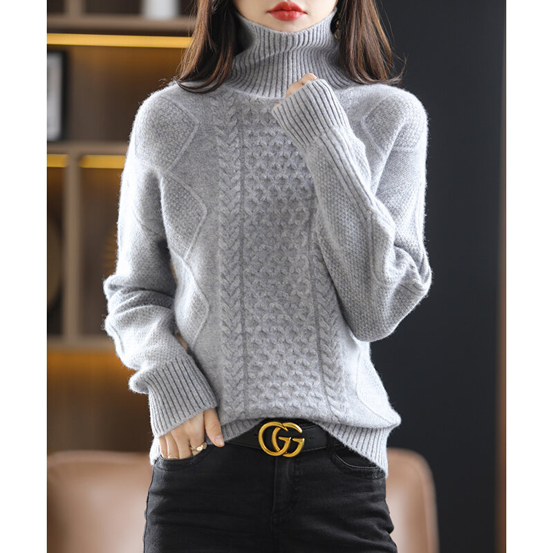 2023 jesień/zima nowy 100% wełniany kaszmirowy sweter damski dzianinowy pulower z wysokim dekoltem luźna koreańska moda damska Top kurtka