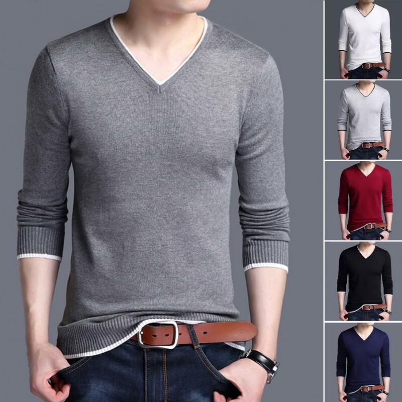 Camisetas de marca de moda para hombre, Tops de cuello en V, suéter de fondo de Color sólido, ropa de calle, Otoño e Invierno