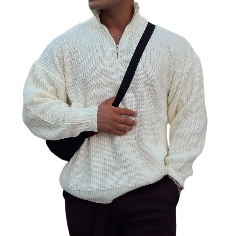 Мужской трикотажный свитер-водолазка на молнии, с длинным рукавом и V-образным вырезом