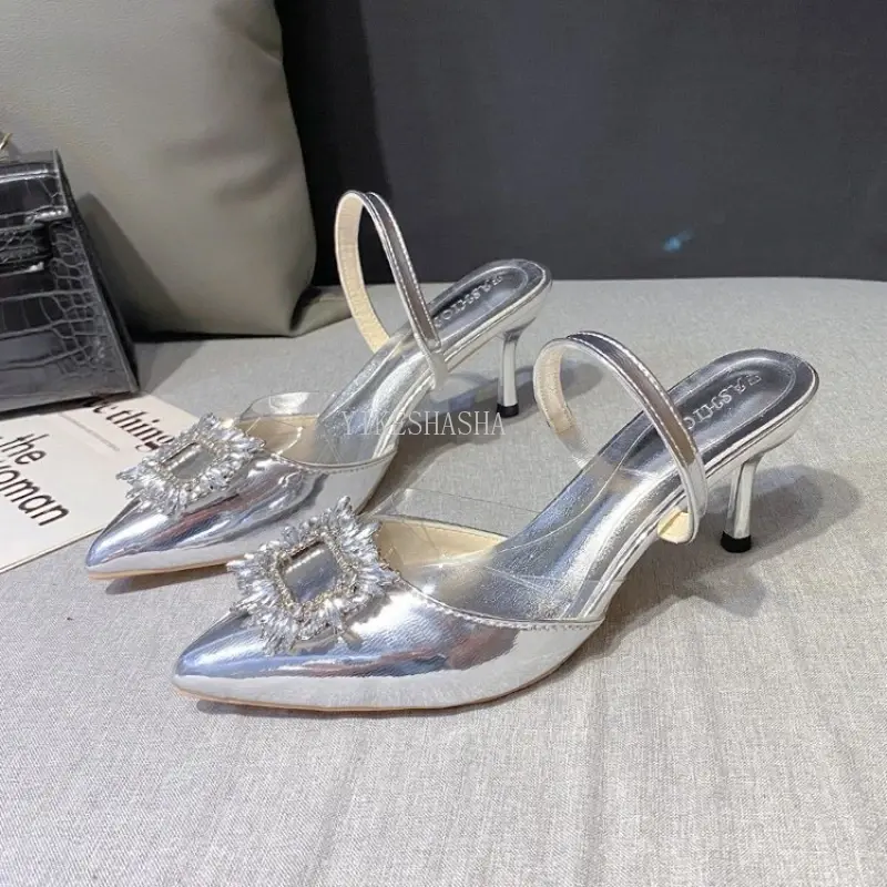 2024 Summer Designer Silver High Heels Sandals Women Rhinestone Square Buckle Sandals Women Pointed Toe Slingbacks Party Heels