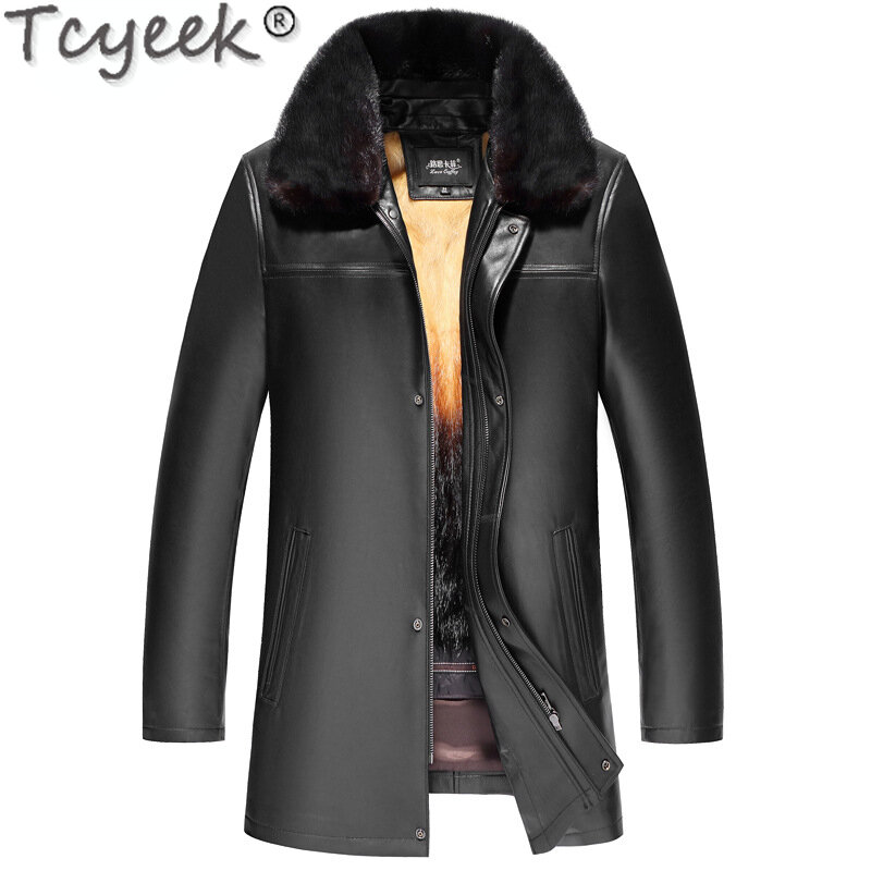 Куртка Tcyeek мужская из натуральной кожи, теплая Модная Повседневная Верхняя одежда с меховым воротником, Толстая с золотистой соболиной подкладкой, на зиму