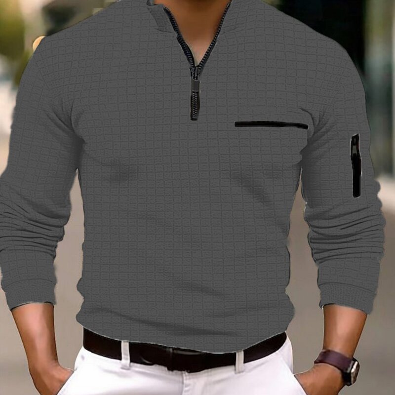 Camisa polo esportiva masculina com zíper de braço, polo xadrez, nova primavera e outono